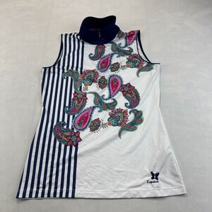 EP Golf Polo Shirt Womens Small White Blue Paisley Striped Performance Stretch